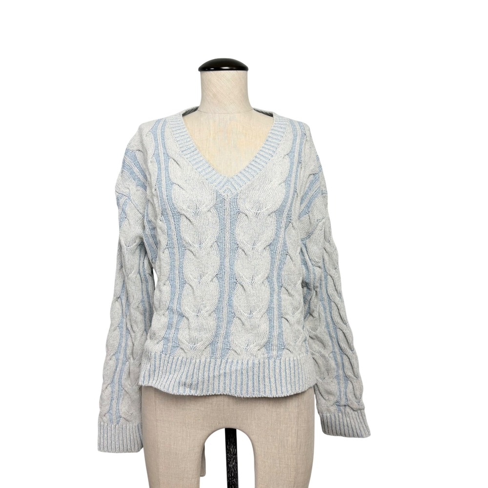 Free People V-Neck Cable Knit Sweater Light Blue Washed Pullover XS